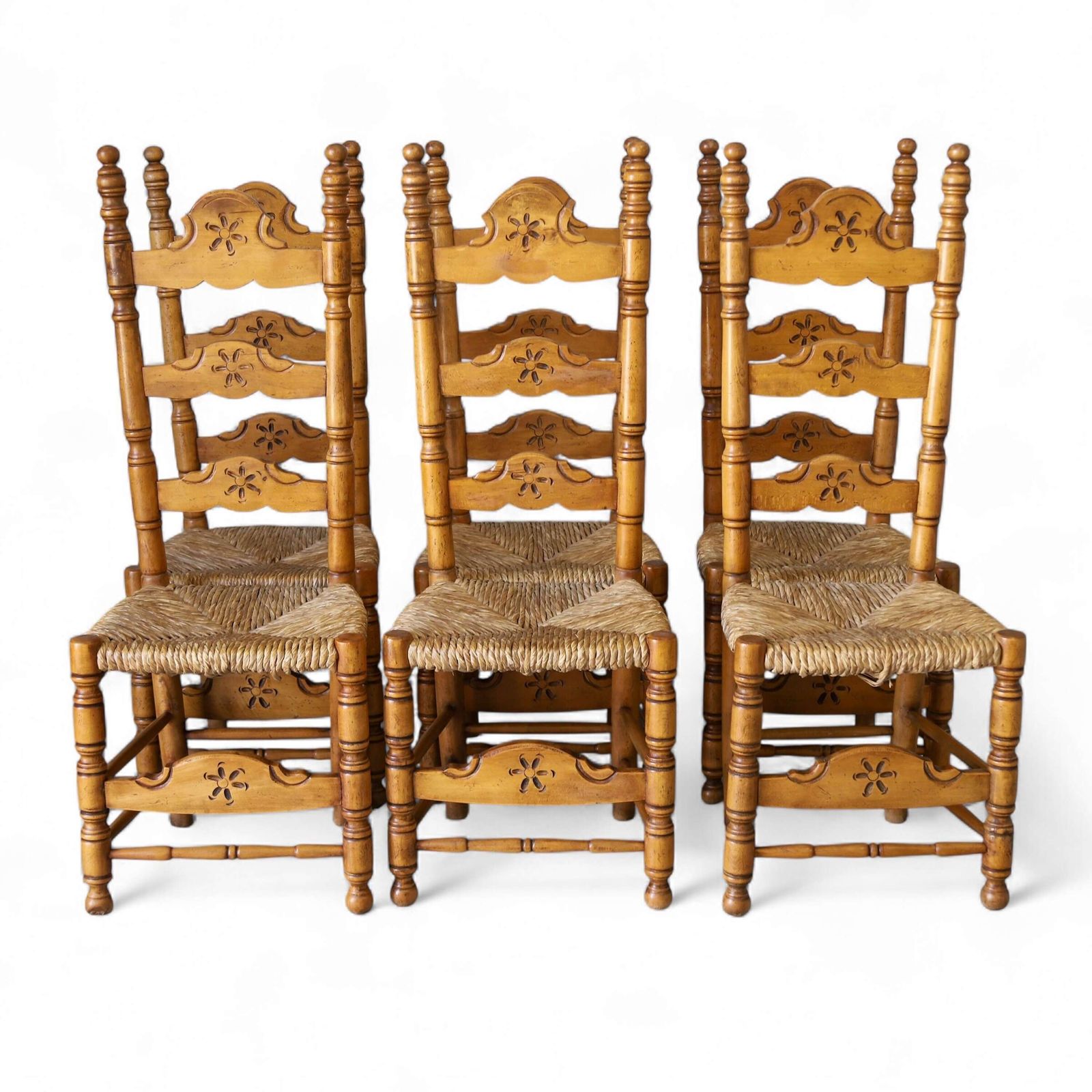 Set Of 6 Spanish Country Style Carved Ladder Back Dining Chairs