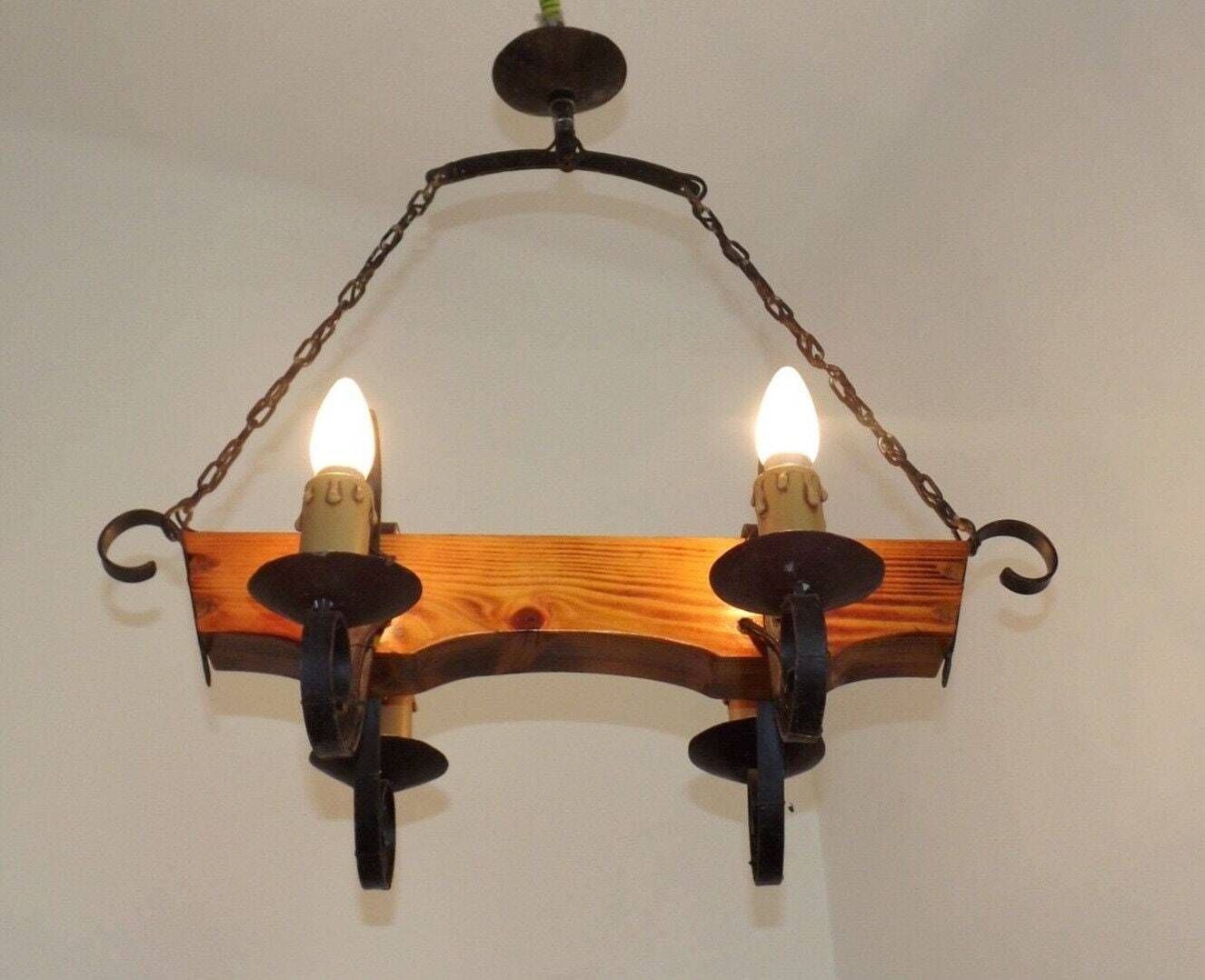 French Vintage Rustic Chandelier – 4 Light Hand Carved Wood & Wrought Iron – Country Farmhouse Style – Handmade Vintage French Light Fixture photo 125.0