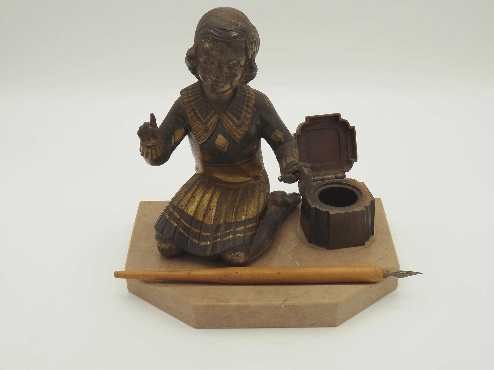 French Art Deco Ink Well With A Figure Young Girl Kneeling On Marble Base  French Antique. Art Deco Desk Ornament. Ink Well With Quill Pen photo furniture