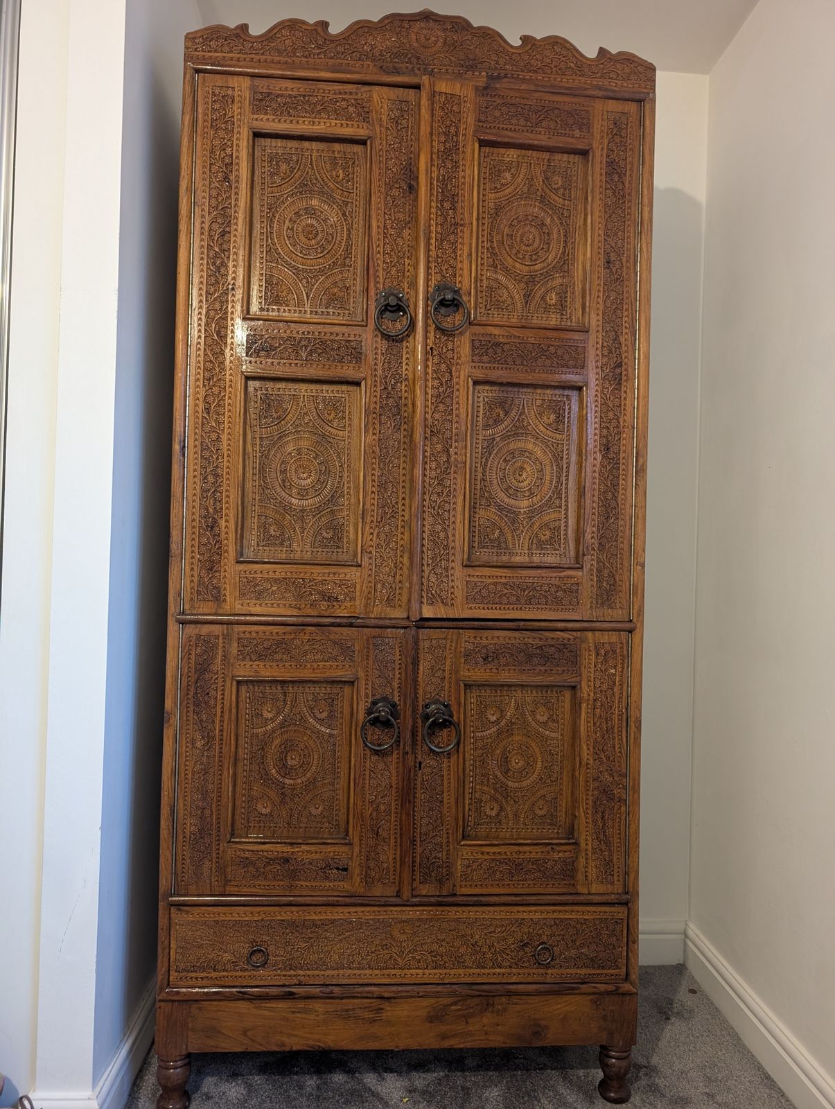 Vintage Hand Carved Solid Wood Armoire/Wardrobe With Ornate Detail.
