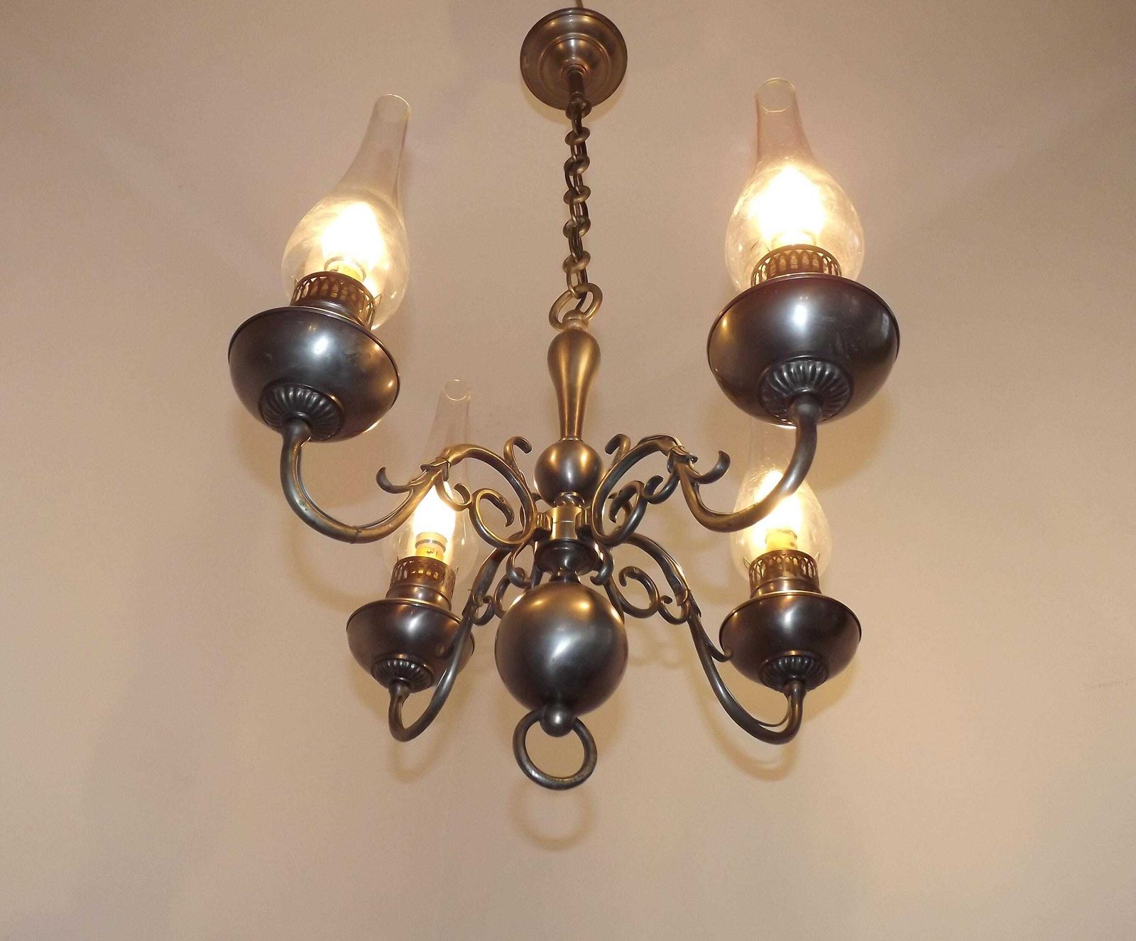 French Vintage Pewter 4 Light Flemish Chandelier Hand Blown Lantern Shades   French Vintage Lighting. 4 Light Chandelier. Flemish Style. photo 225.0