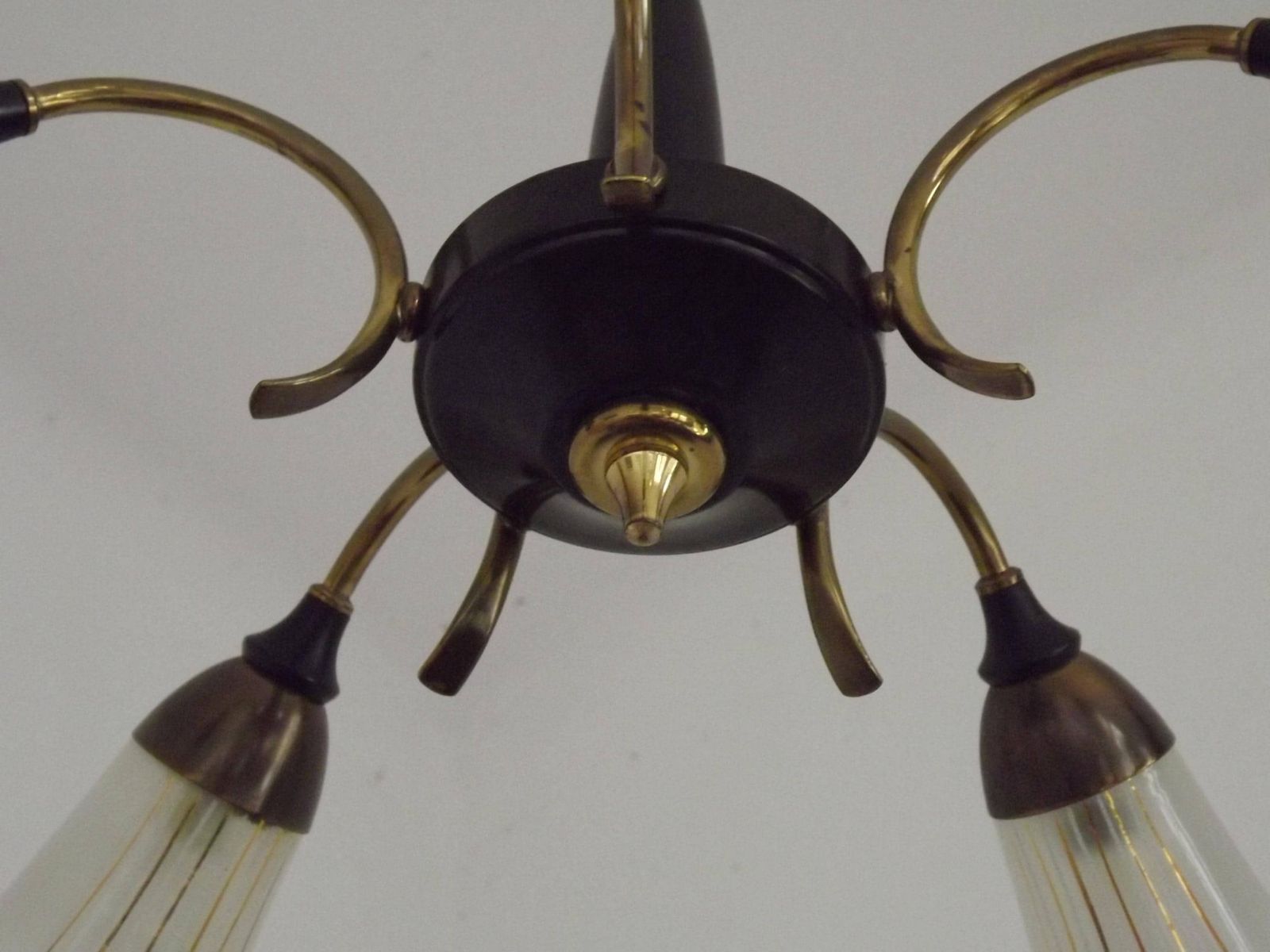 French Vintage Retro Mid Century Black & Gold 5 Arm Chandelier Glass Shades   French Vintage Lighting. Retro Chandelier. Opaque Glass Shades photo 239.0