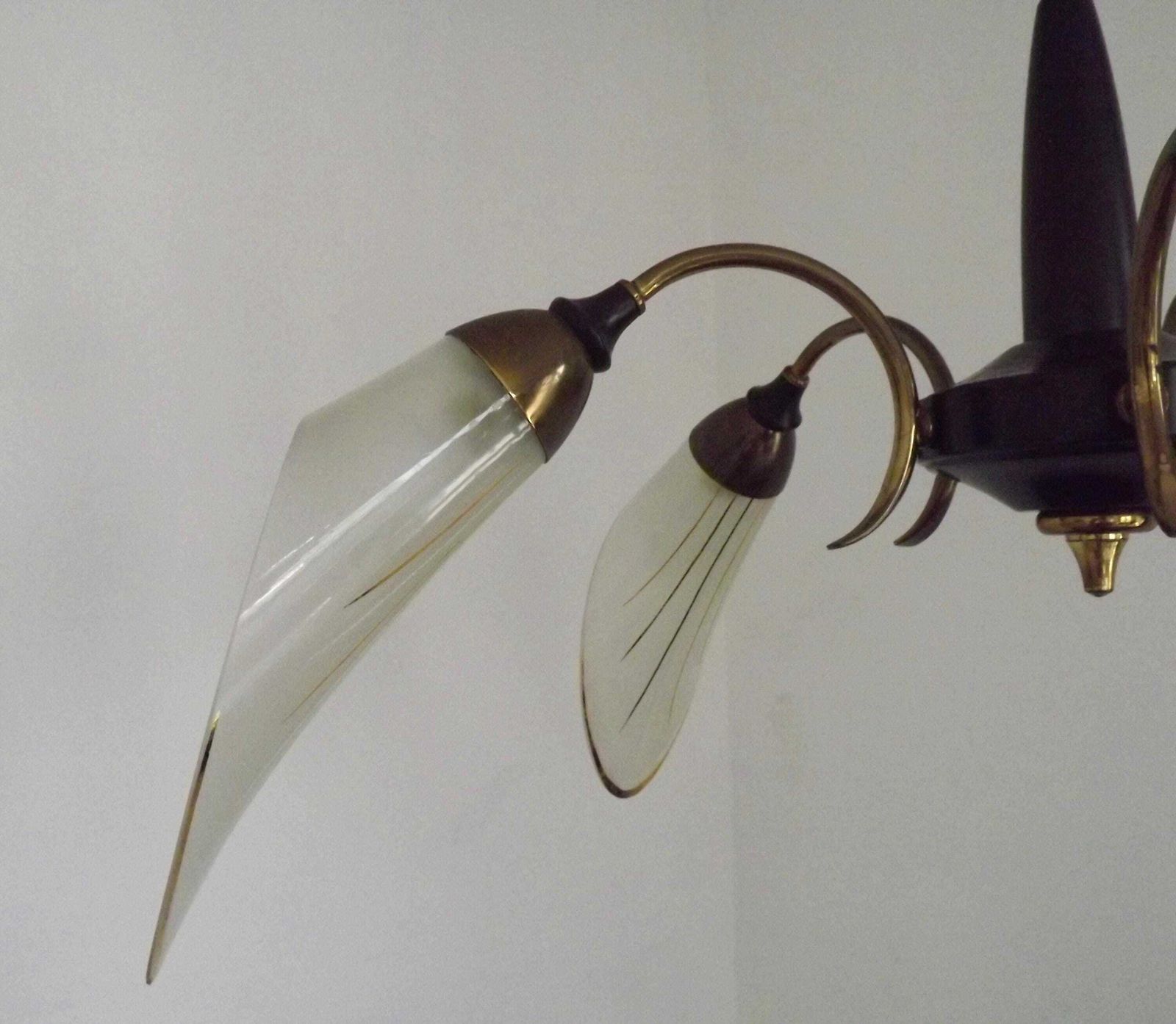 French Vintage Retro Mid Century Black & Gold 5 Arm Chandelier Glass Shades   French Vintage Lighting. Retro Chandelier. Opaque Glass Shades photo buy