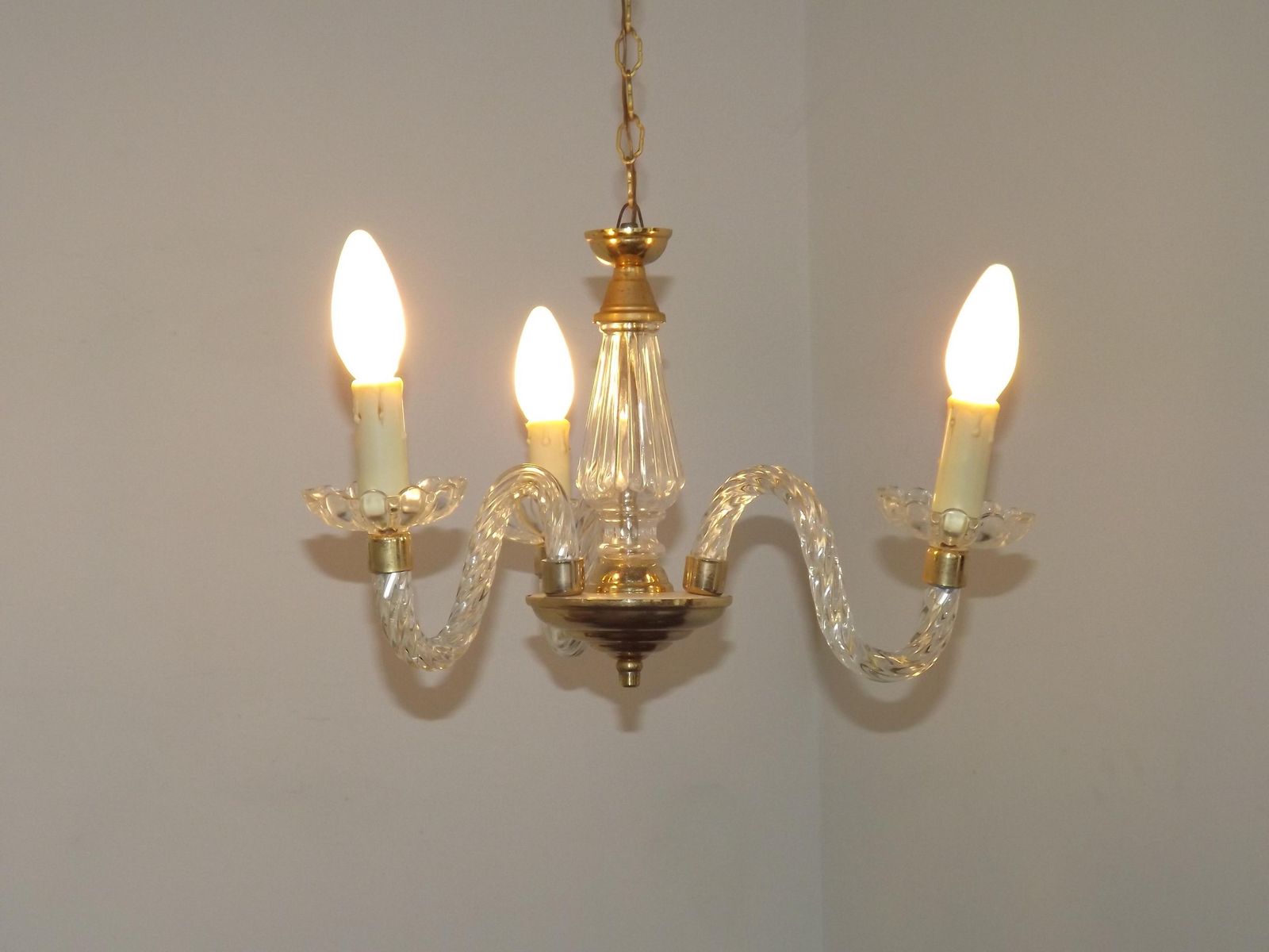 Beautiful French Barley Twist Glass Arms And Gold Metal 3 Light Chandelier   French Vintage Lighting. Cut Glass And Gold Metal Chandelier. photo Lighting