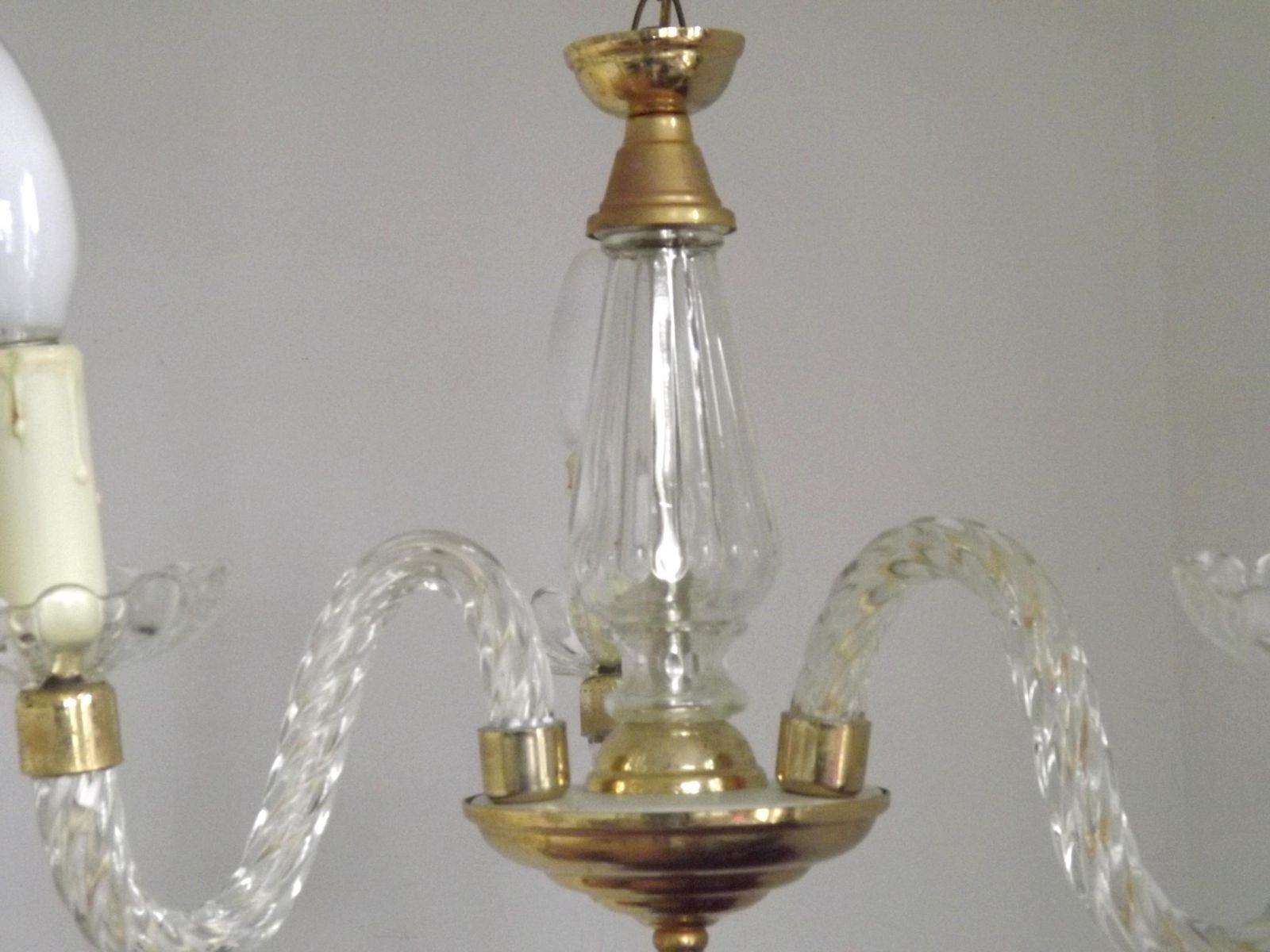 Beautiful French Barley Twist Glass Arms And Gold Metal 3 Light Chandelier   French Vintage Lighting. Cut Glass And Gold Metal Chandelier. photo vinterior