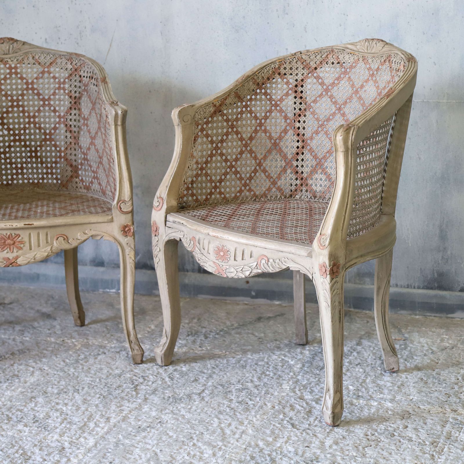 Pair Of 20th Century French Louis XV Style Painted Cane Armchairs Circa 1910 photo for sale