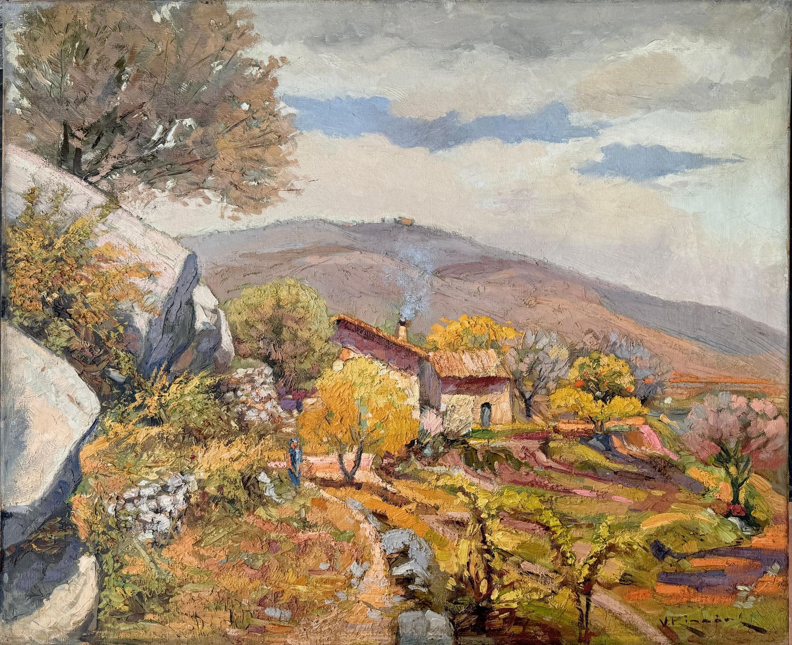 Vicente Rincon Garrido Landscape With Farm And Figure Oil Painting On Canvas Spain C.1930