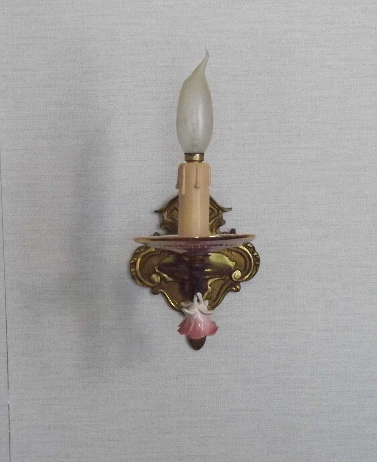 Exquisite French Antique Bronze Single Wall Light With Pink And Gold Porcelain Accents   French Antique Wall Light. Hanging Porcelain Roses. photo for sale