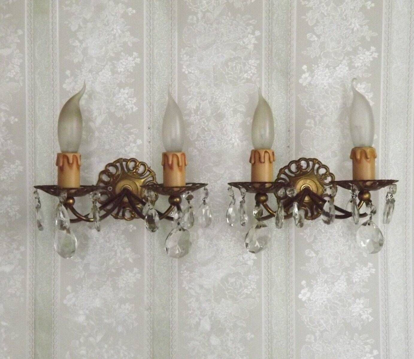 Pair French Vintage Brass Double Wall Lights With Assorted Crystal Drops   French Vintage Lighting. Double Light Crystal Wall Sconces.