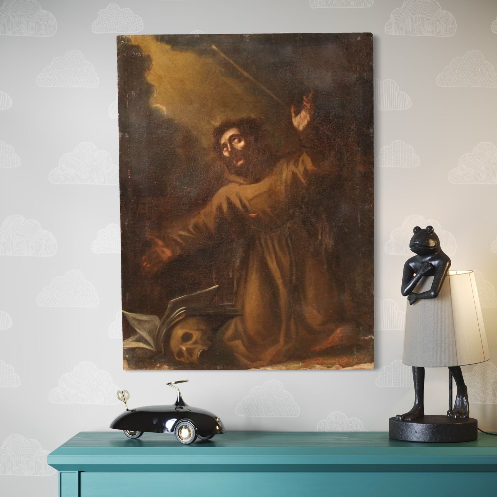 photo vintage 17th Century Religious Painting, Saint Francis Of Assisi