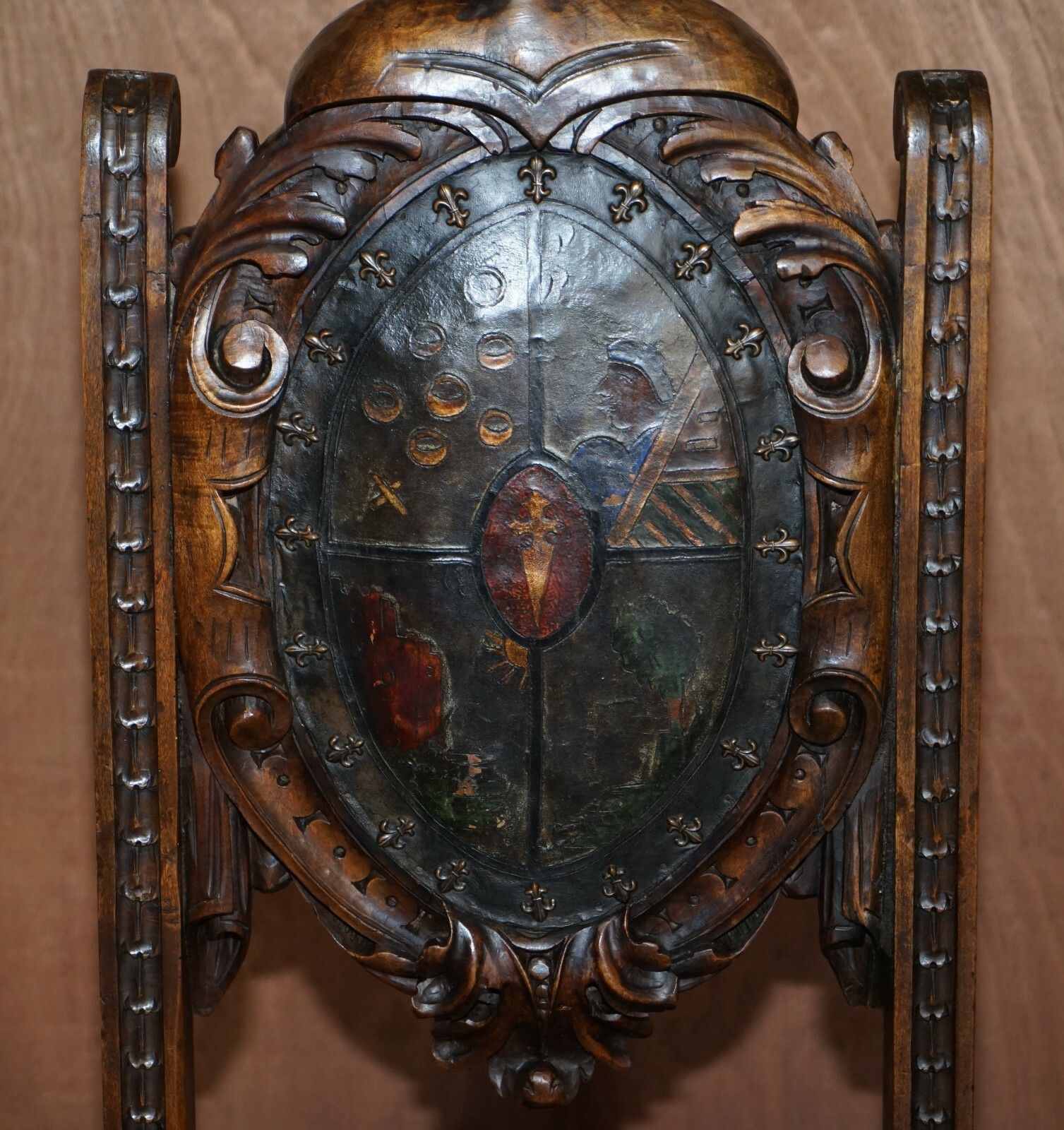 Antique Hand Carved High Back Chair Embossed Painted Armorial Crest Coat Of Arms photo buy