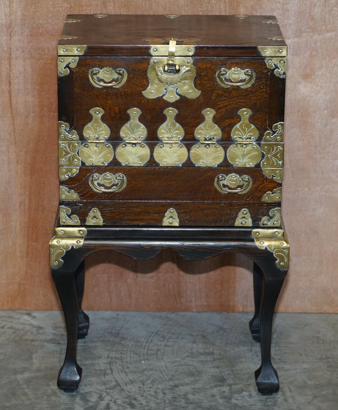 Antique Japanese 1880 Elm Side Table On Stand With Ornate Cast Brass Fixtures photo furniture