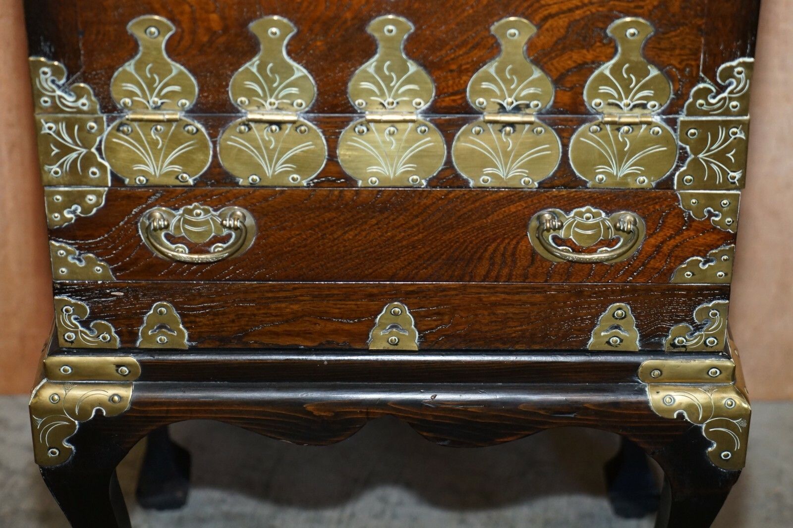 Antique Japanese 1880 Elm Side Table On Stand With Ornate Cast Brass Fixtures photo 2340.0