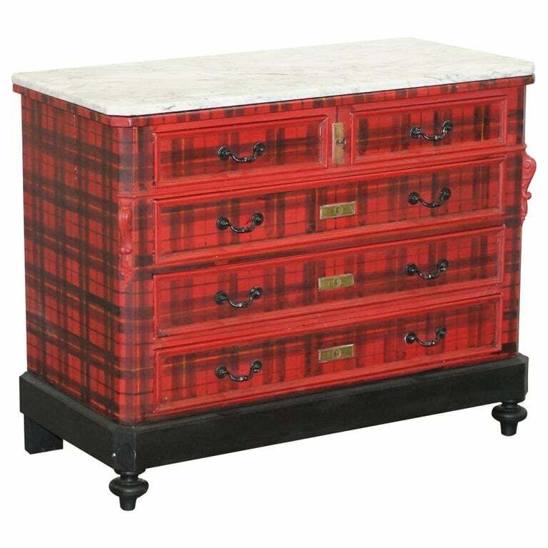 Lovely Original Victorian Chest Of Drawers With Scottish Tartan Wrap, Marble Top