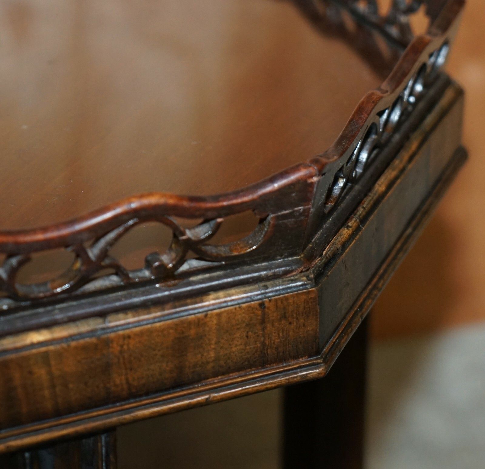Antique Thomas Chippendale Fret Work Carved Card Games Tray Table Removable Top photo vintage
