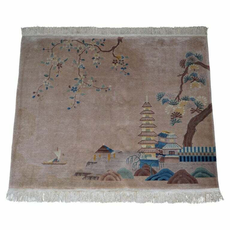 Antique Chinese Thick Knotted Wool Rug With Pagoda Temple And Floral Trees