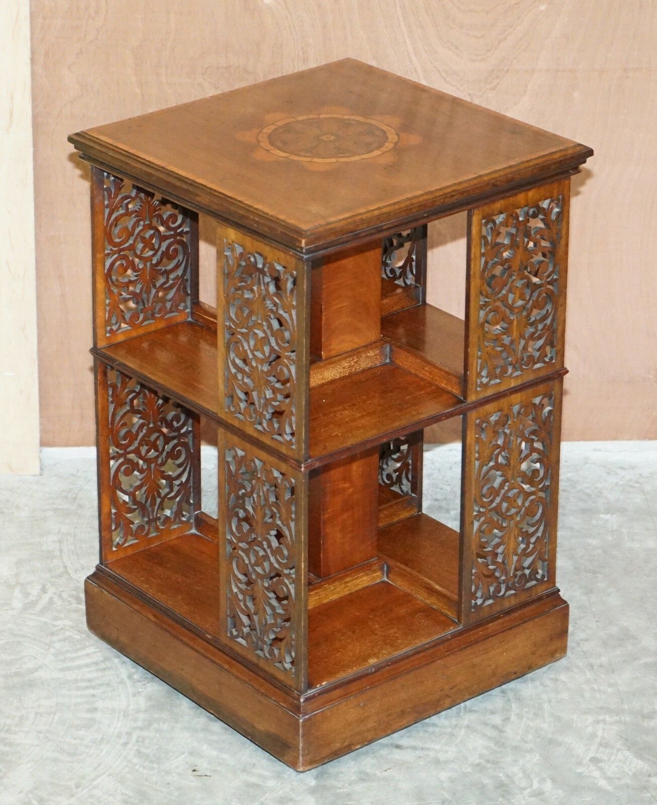 Sublime Antique Victorian Fret Work Carved Walnut & Mahogany Revolving Bookcases photo furniture