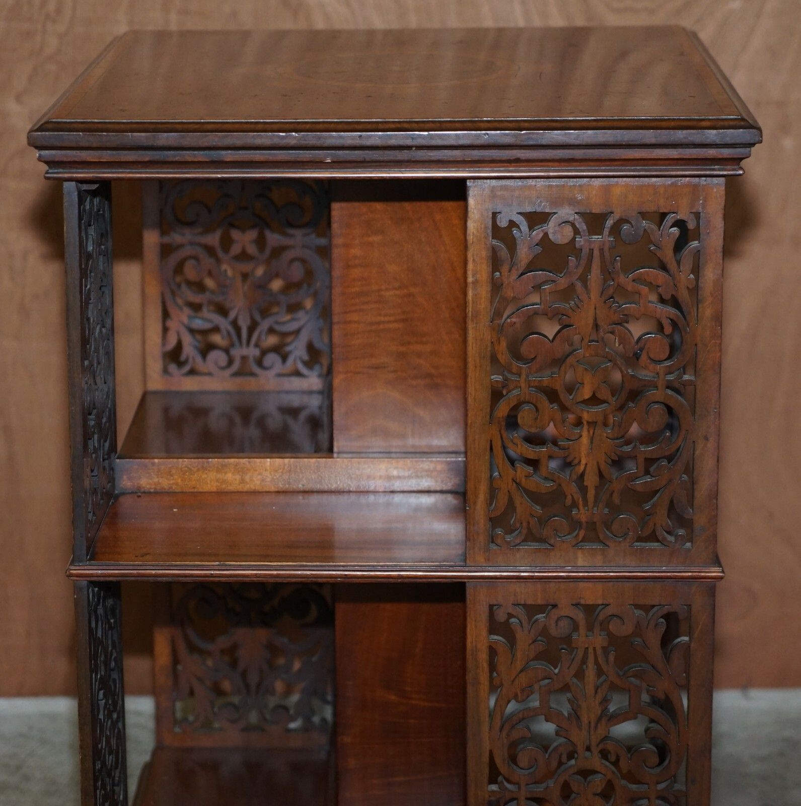Sublime Antique Victorian Fret Work Carved Walnut & Mahogany Revolving Bookcases photo buy