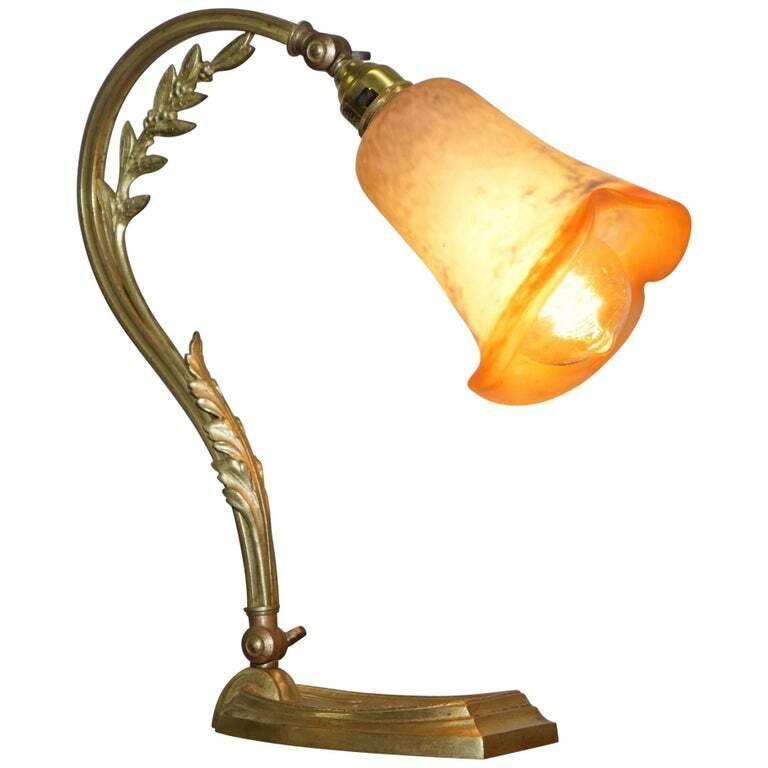 Stunning Circa 1930 Charles Schneider Gold Gilt Bronze Table Lamp Glass Shade