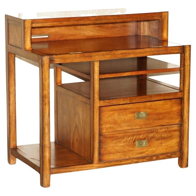 Mahogany & Brass Military Campaign Workstation Desk For Home Computer Part Suite