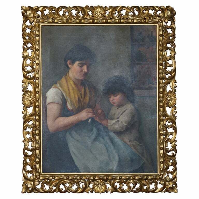 Antique 19th Century Continental School Portrait Of Mother & Child Gilded Frame