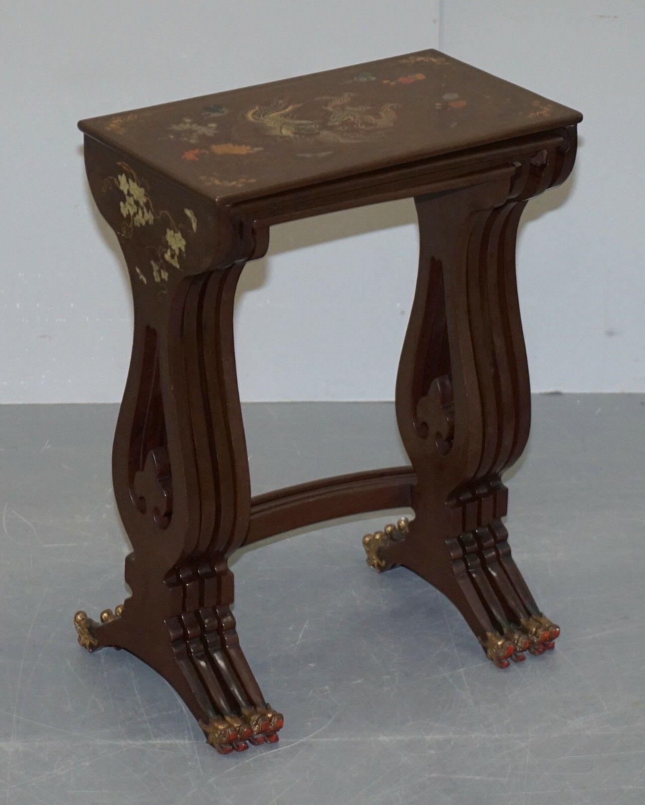 Sublim Nest Of 4 Circa 1880 Chinese Export Brown Lacqurered Tables Hand Painted photo furniture