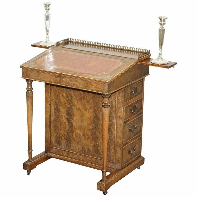 Vintage Burr Walnut, Leather & Brass Galery Rail Davenport Desk Workstation