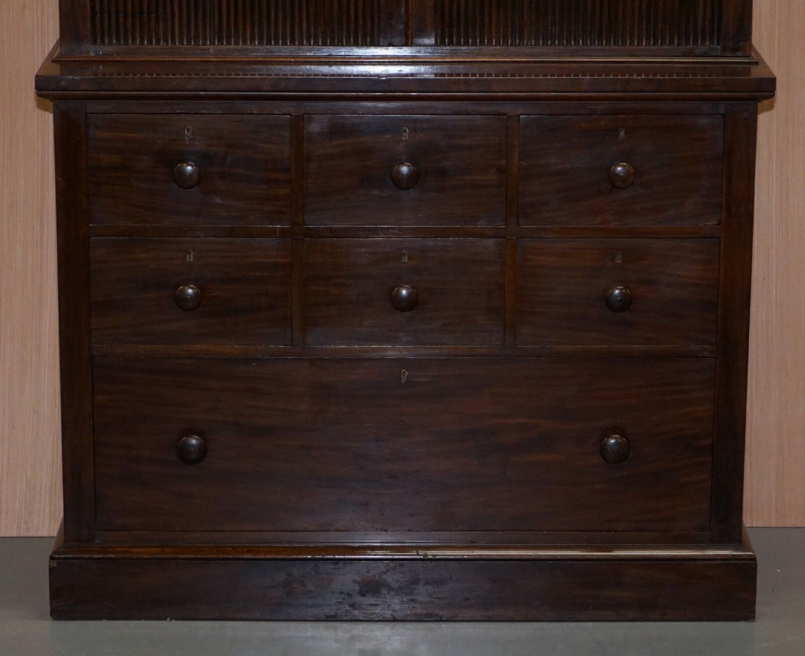 Very Rare Victorian Tambour Door Cupboard Bookcase On Bank Chest Of Drawers photo for sale