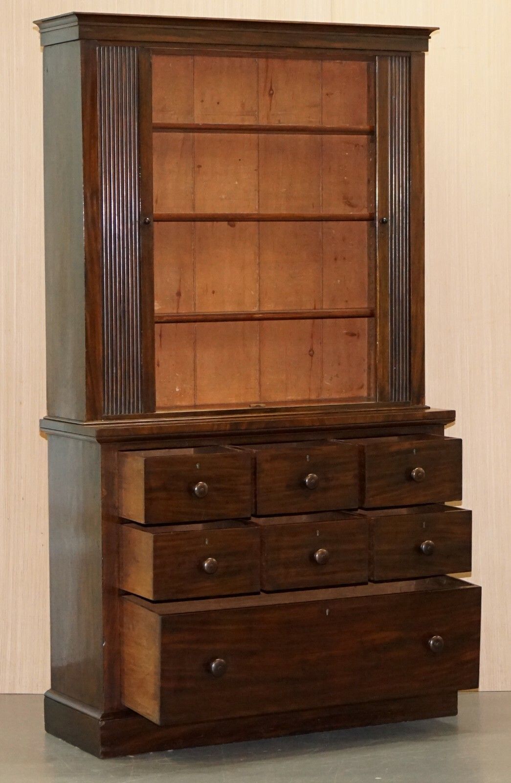 Very Rare Victorian Tambour Door Cupboard Bookcase On Bank Chest Of Drawers photo vintage