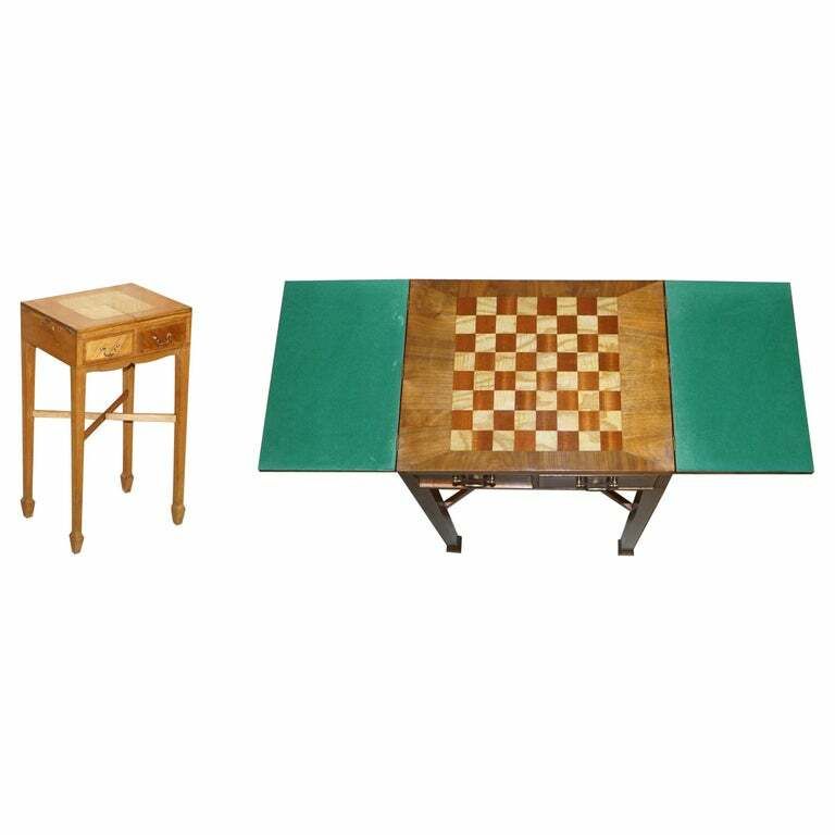 Vintage Walnut Satinwood Games Card Side Table, Fold Out Chess Board & Drawers
