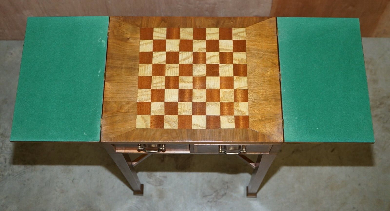 photo for sale Vintage Walnut Satinwood Games Card Side Table, Fold Out Chess Board & Drawers