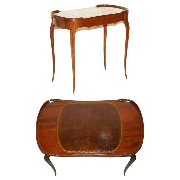 Restored Antique Kidney Shaped Occasional Table With Drawers Brown Leather Top