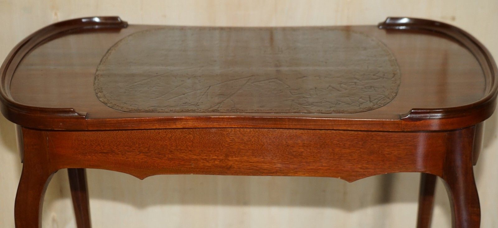 Restored Antique Kidney Shaped Occasional Table With Drawers Brown Leather Top photo Furniture