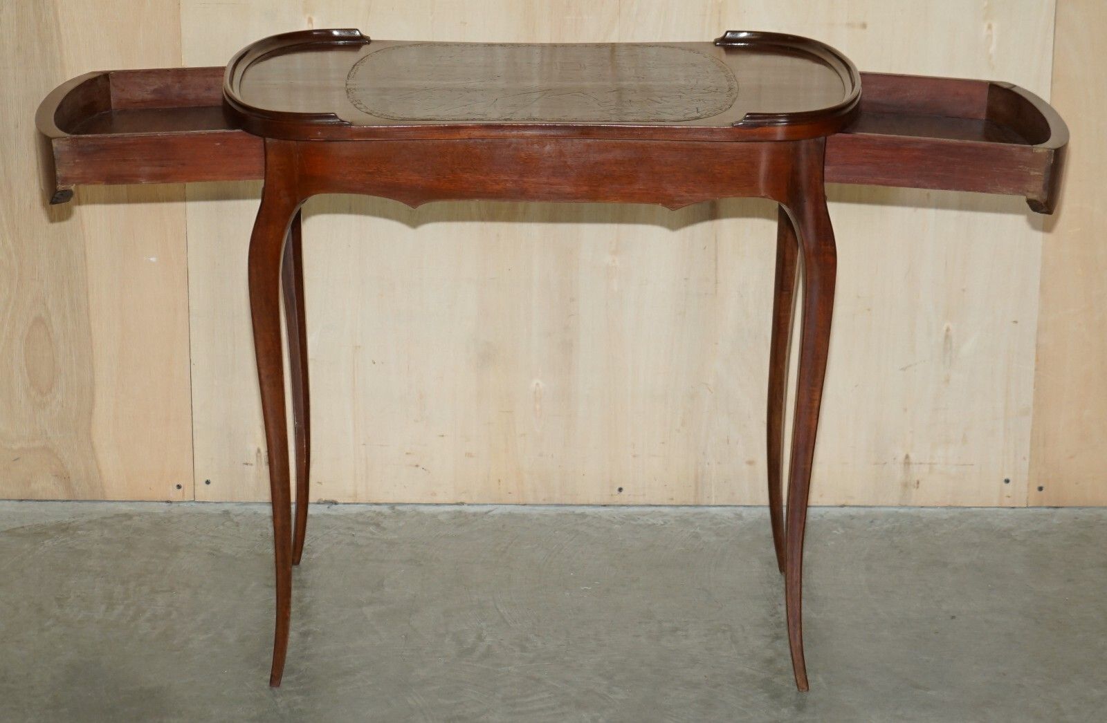 photo for sale Restored Antique Kidney Shaped Occasional Table With Drawers Brown Leather Top