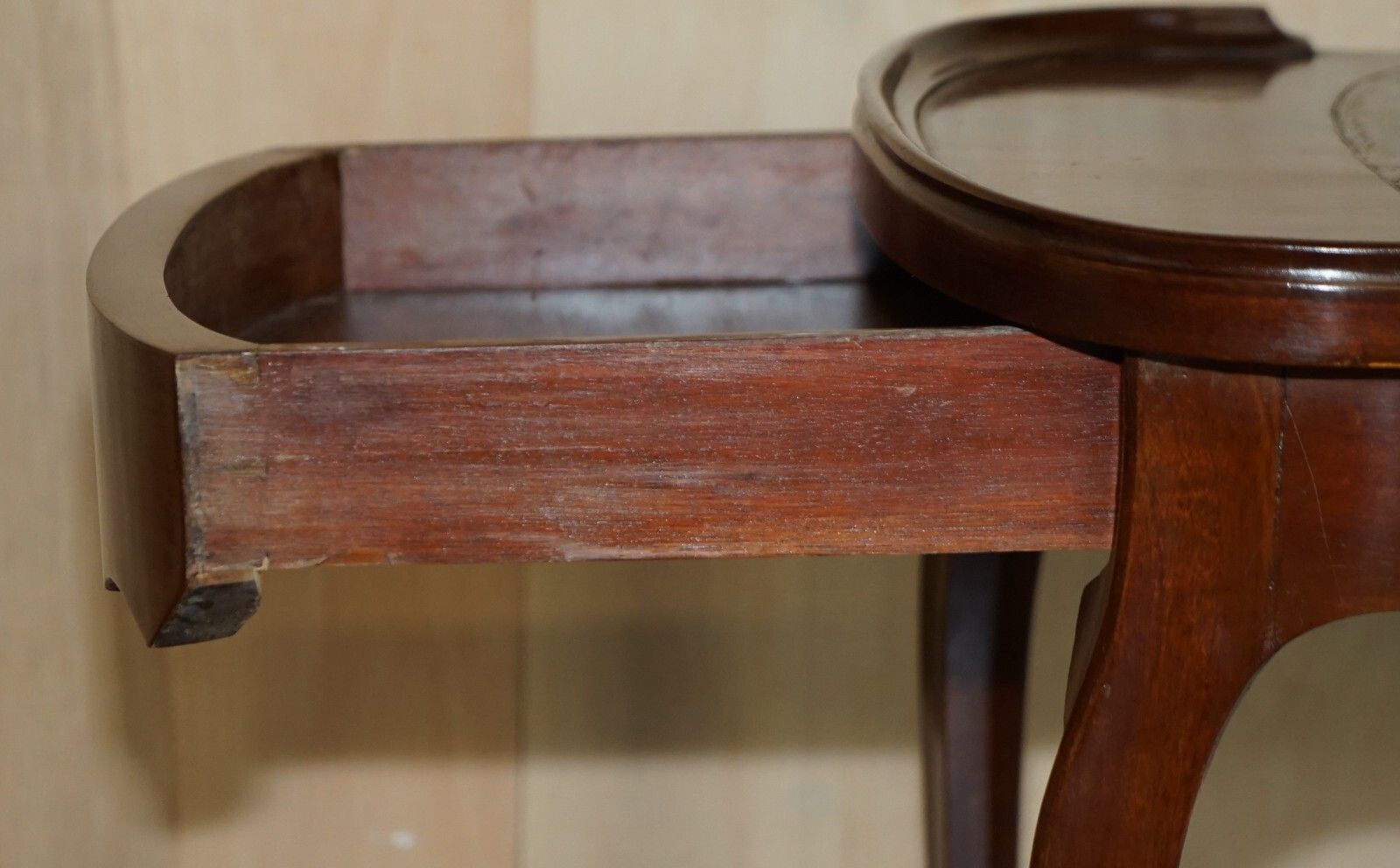 Furniture Restored Antique Kidney Shaped Occasional Table With Drawers Brown Leather Top photo