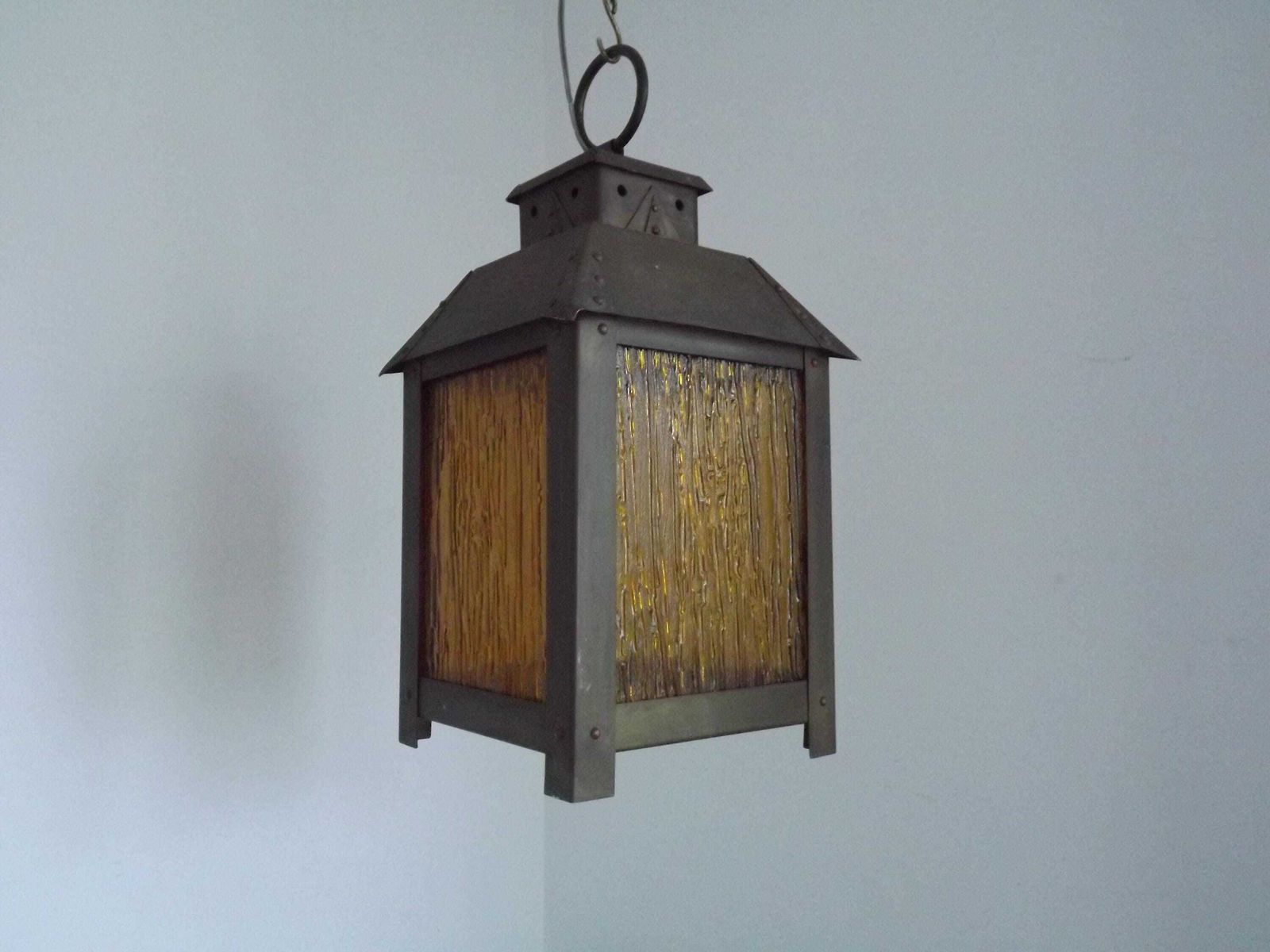 Large French Vintage 4 Sided Copper & Amber Patterned Glass Hanging Lantern   French Vintage Lighting. Large Copper Lantern. Hanging Light. photo furniture