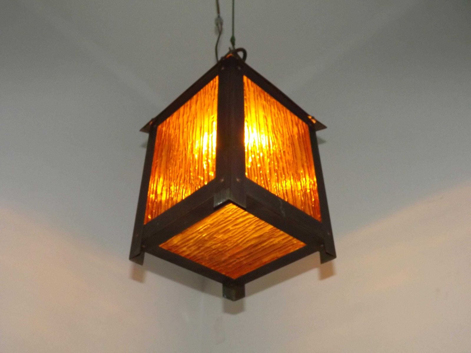 Large French Vintage 4 Sided Copper & Amber Patterned Glass Hanging Lantern   French Vintage Lighting. Large Copper Lantern. Hanging Light. photo Lighting