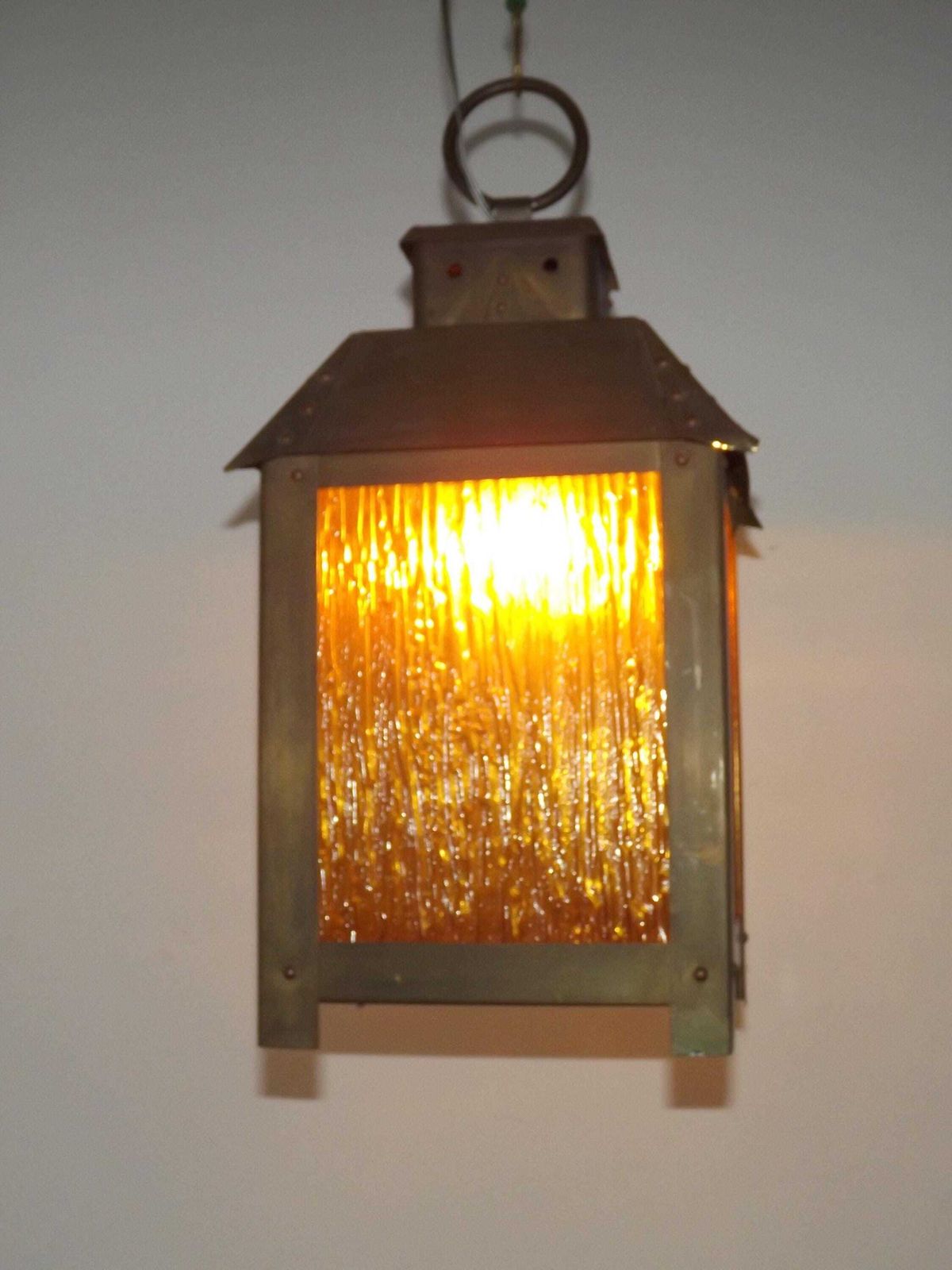 photo for sale Large French Vintage 4 Sided Copper & Amber Patterned Glass Hanging Lantern   French Vintage Lighting. Large Copper Lantern. Hanging Light.