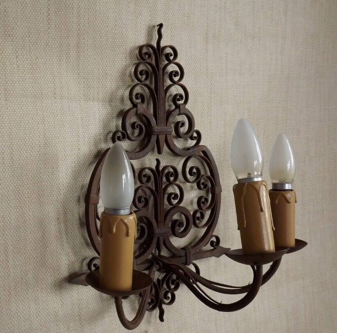 Early 20th Century French 3 Light Wrought Iron Wall Sconce With Scroll Detail   French Antique Lighting. Medieval Wall Light. Wrought Iron. photo 138.0