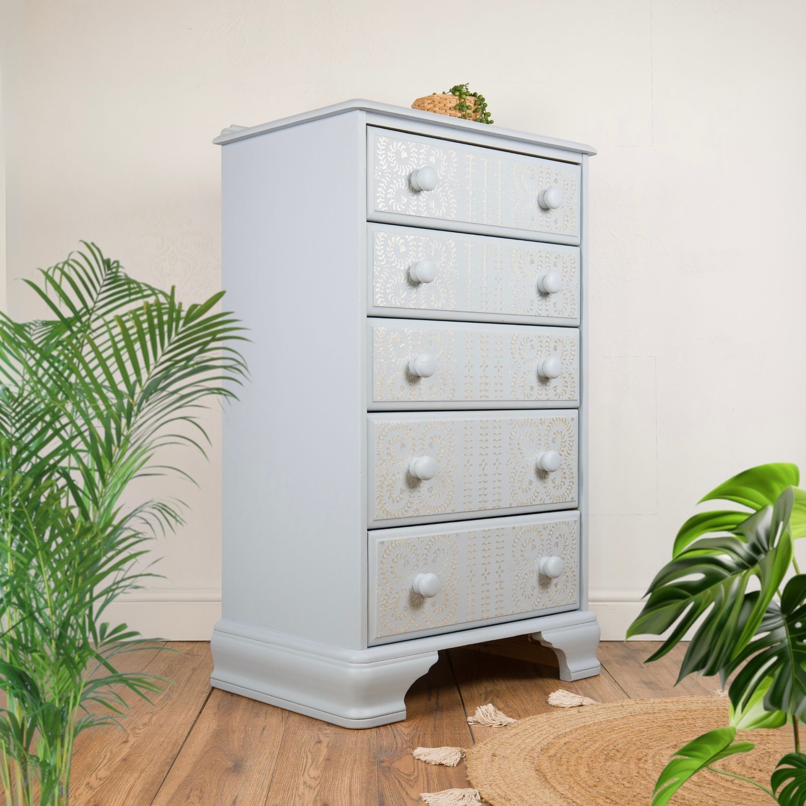 Hand Painted Vintage Solid Pine Blue Chest Of Drawers With Pearl Effect Stencil Detail photo furniture