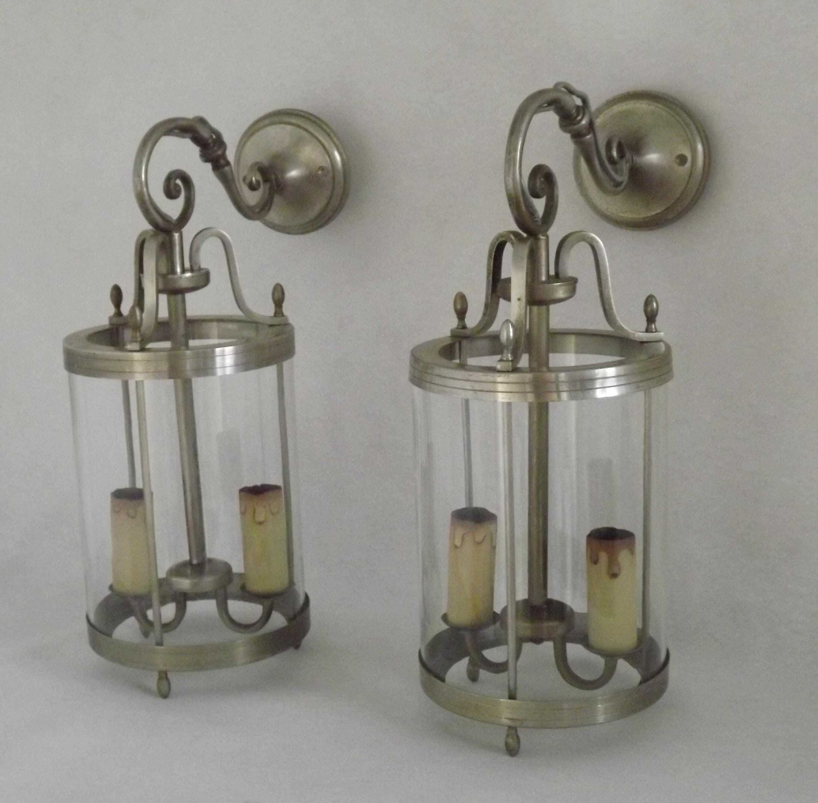 Large Pair French Silver Gilded Brass Lantern Wall Lights With Cylindrical Shades   French Vintage Lighting.Pair Lantern Wall Sconces.