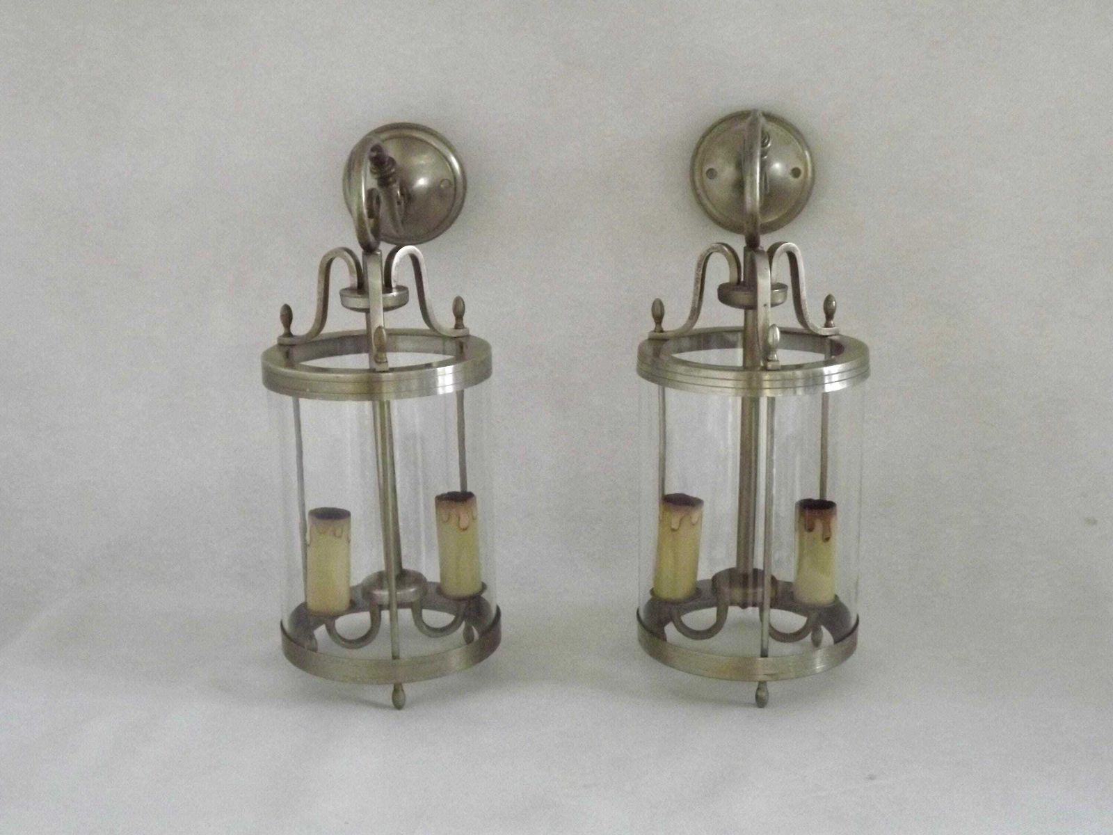 Large Pair French Silver Gilded Brass Lantern Wall Lights With Cylindrical Shades   French Vintage Lighting.Pair Lantern Wall Sconces. photo furniture
