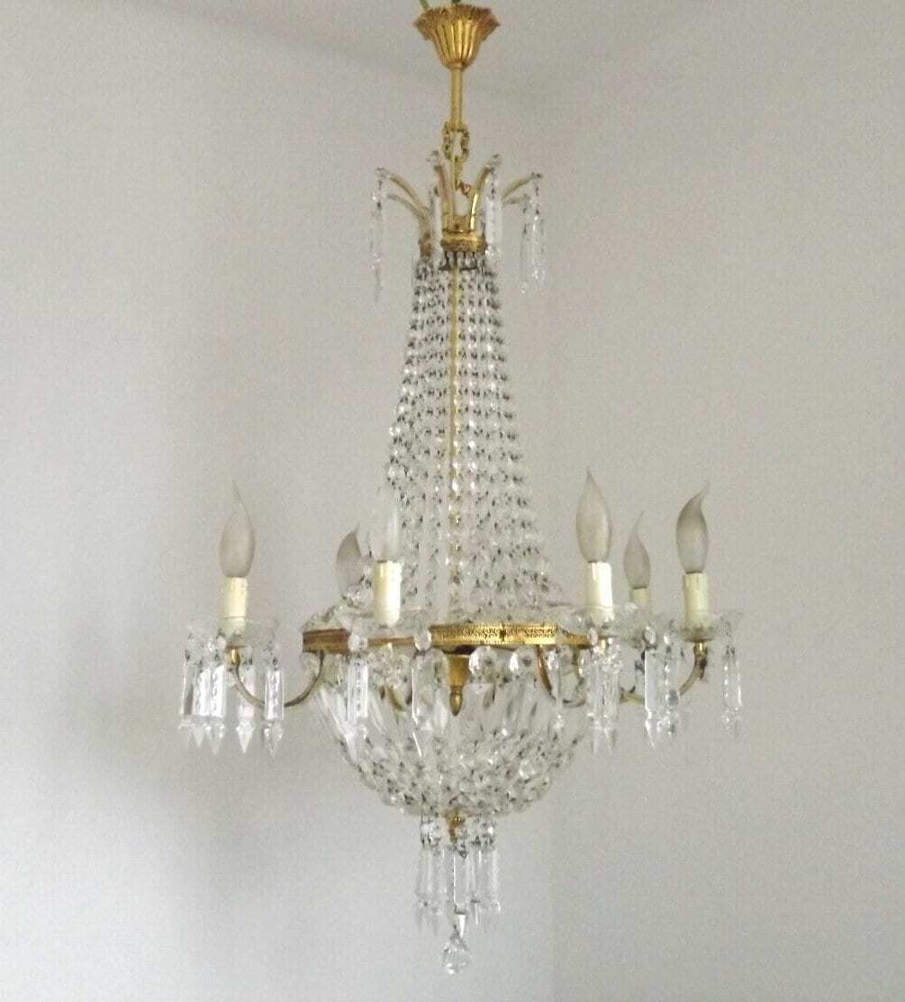 Lustre à panier Montgolfier Empire en cristal, 8 bras, 12 lumières, éclairage d'époque français