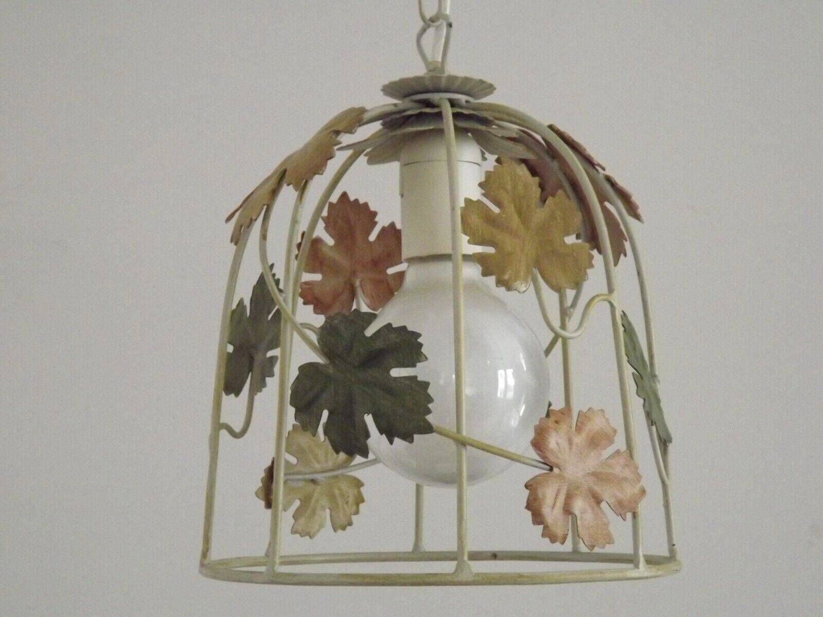 Vintage French Cream Cage Style Toleware Ceiling Light With Autumn Leaves   Vintage French Lighting. Autumn Leaf. Single Light. photo for sale