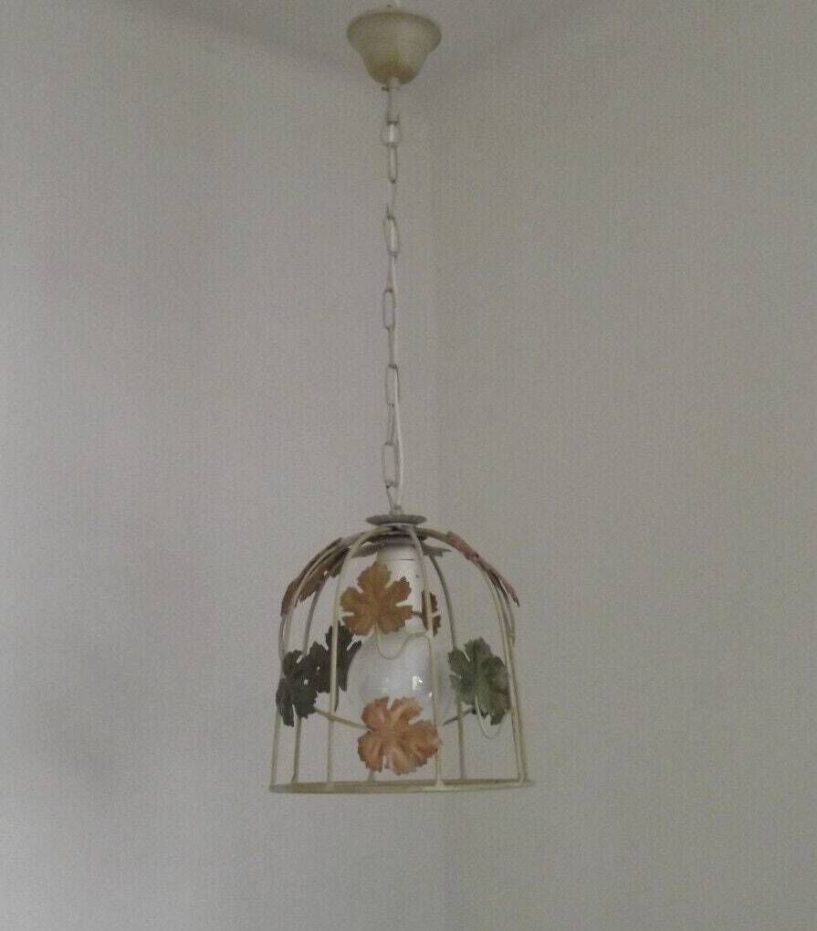 Vintage French Cream Cage Style Toleware Ceiling Light With Autumn Leaves   Vintage French Lighting. Autumn Leaf. Single Light. photo Lighting
