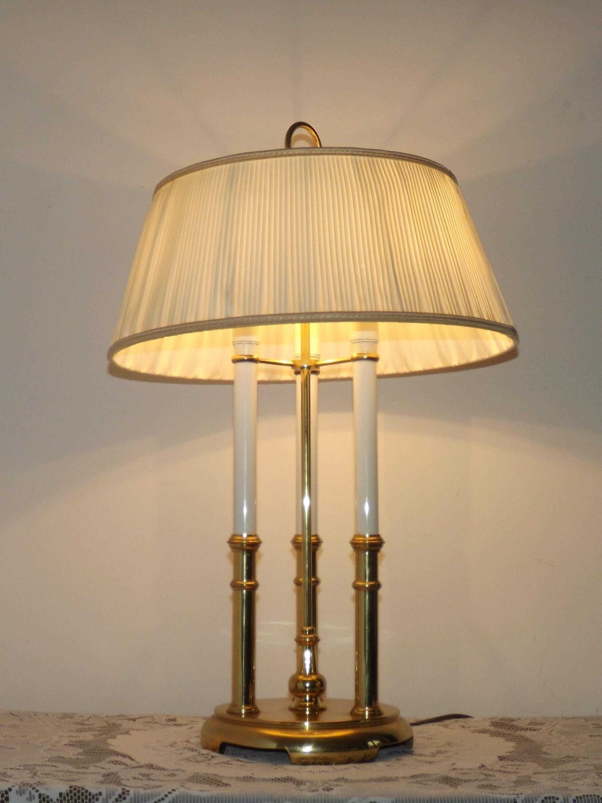 French Vintage Brass 3 Light Boulotte Table Lamp With Cream Pleated Shade   French Vintage Lighting. Quality Brass Table Lamp. 3 Light Lamp. photo for sale