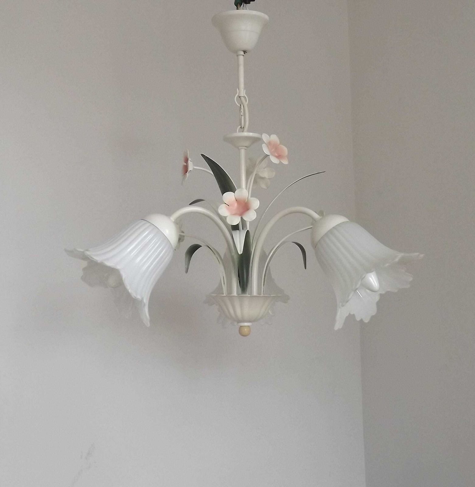 French Vintage 3 Light Pink & White Toleware Chandelier Glass Flower Shades   French Vintage Lighting. Toleware Chandelier. Shabby Chic