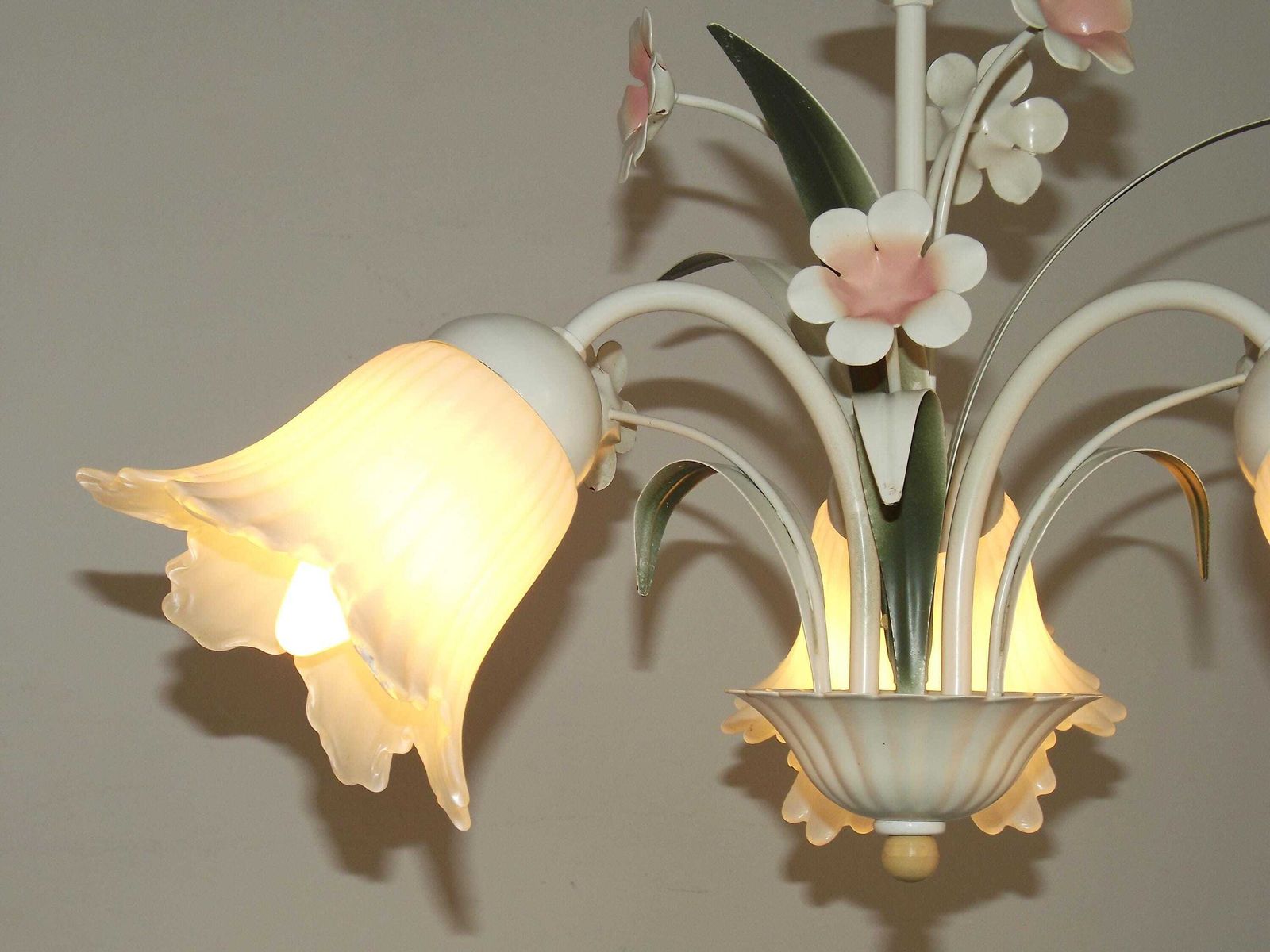 French Vintage 3 Light Pink & White Toleware Chandelier Glass Flower Shades   French Vintage Lighting. Toleware Chandelier. Shabby Chic photo vinterior