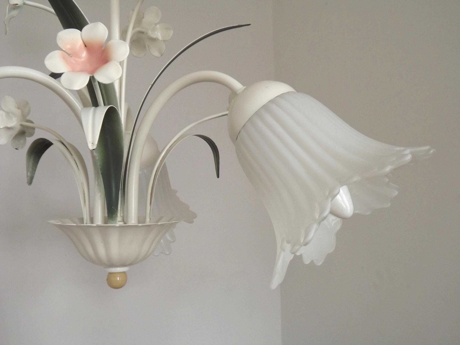 French Vintage 3 Light Pink & White Toleware Chandelier Glass Flower Shades   French Vintage Lighting. Toleware Chandelier. Shabby Chic photo buy