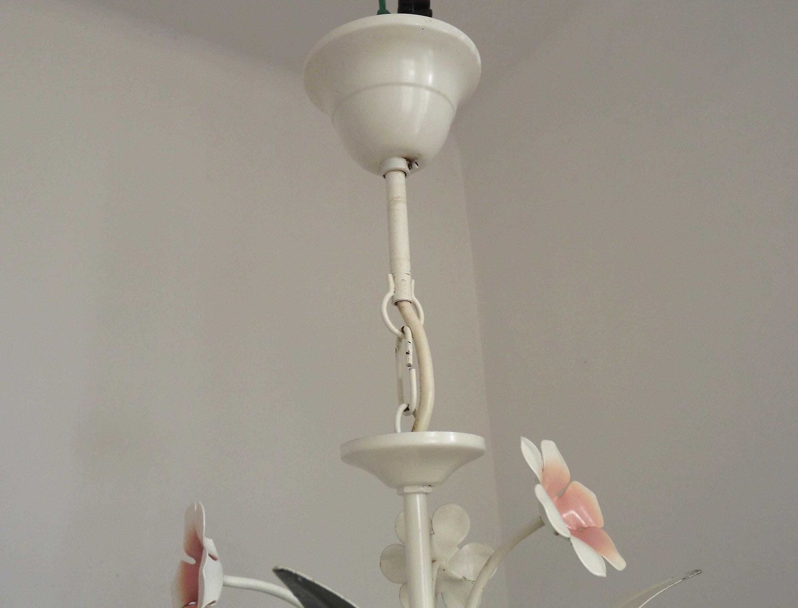 photo for sale French Vintage 3 Light Pink & White Toleware Chandelier Glass Flower Shades   French Vintage Lighting. Toleware Chandelier. Shabby Chic